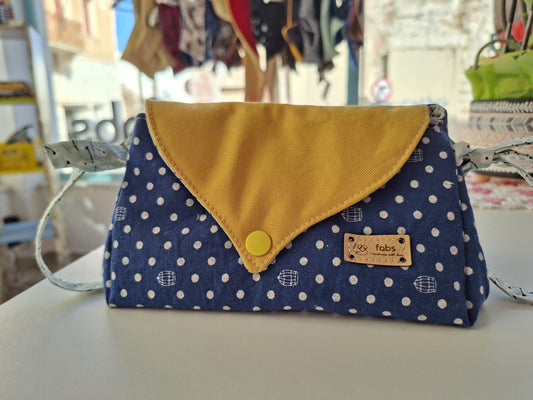 Romantic Vanity bag polka dots blue japanise fabric yellow details
