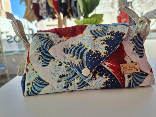 Romantic Vanity bag japanese  waves japanese fabric blue white red